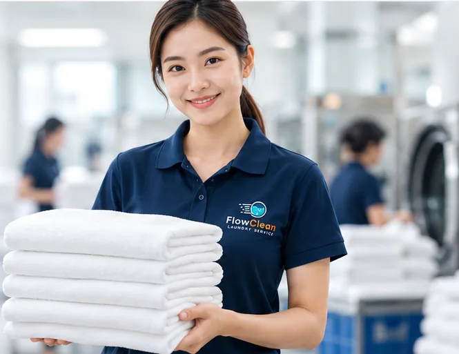 ผู้หญิงเอเชียในยูนิฟอร์ม FlowClean สีน้ำเงินมองกล้องและถือผ้าขาวในโรงซักเชิงพาณิชย์